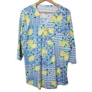 Belle Lemon Print Tunic Women 1X Blue Yellow Tassel Zip Front 3/4 Sleeve Resort